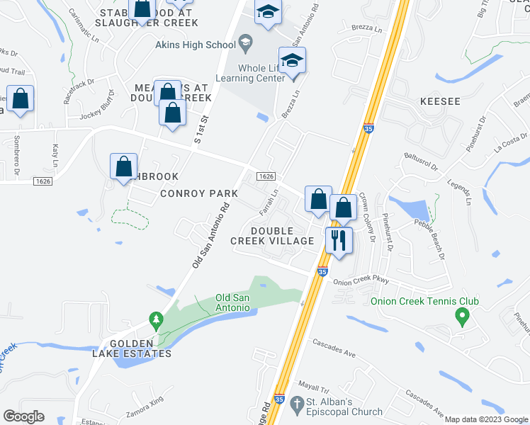 map of restaurants, bars, coffee shops, grocery stores, and more near Farm to Market 1626 in Manchaca