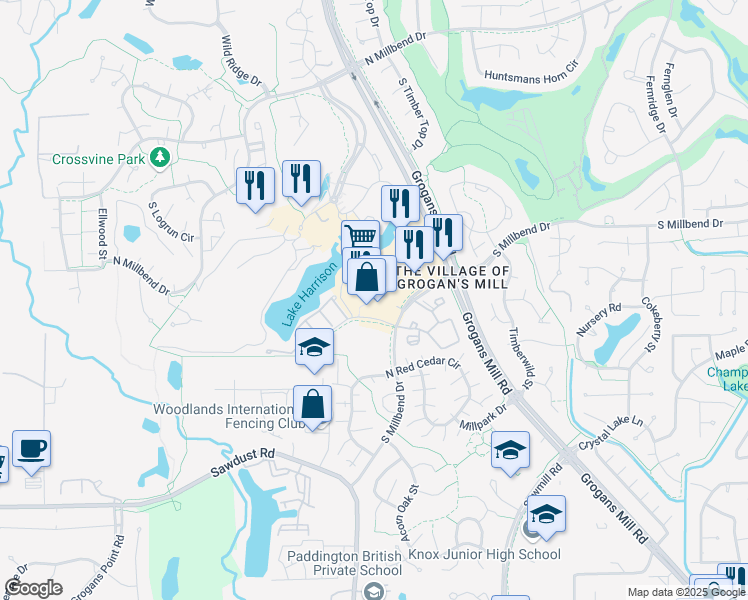 map of restaurants, bars, coffee shops, grocery stores, and more near 2297 Buckthorne Place in The Woodlands
