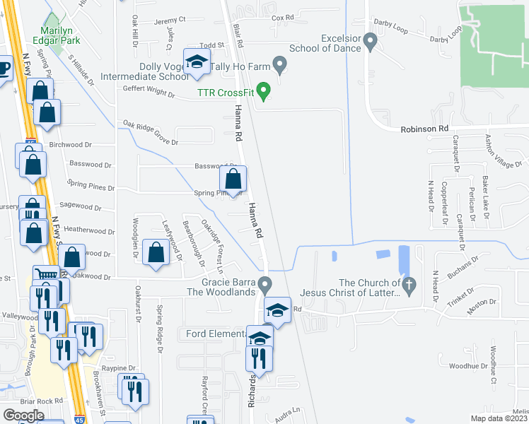 map of restaurants, bars, coffee shops, grocery stores, and more near 811 East Clady Court in Spring