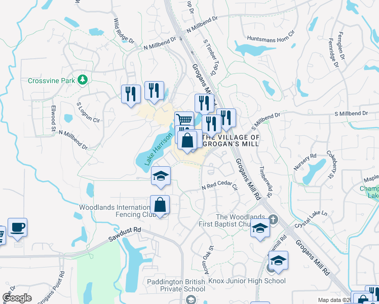 map of restaurants, bars, coffee shops, grocery stores, and more near 2289 Buckthorne Place in The Woodlands