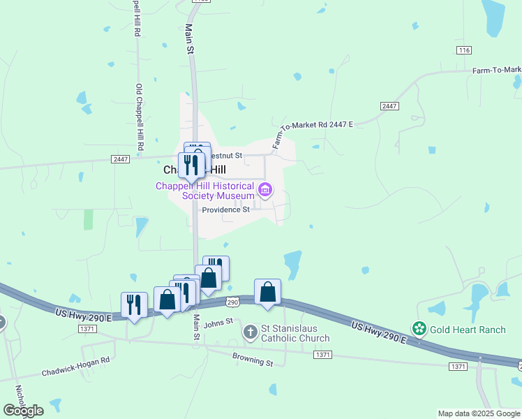map of restaurants, bars, coffee shops, grocery stores, and more near 9191 Poplar Street in Chappell Hill