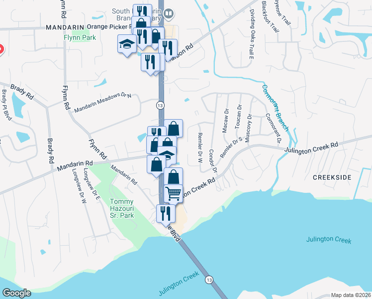 map of restaurants, bars, coffee shops, grocery stores, and more near 3006 Blue Heron Drive South in Jacksonville