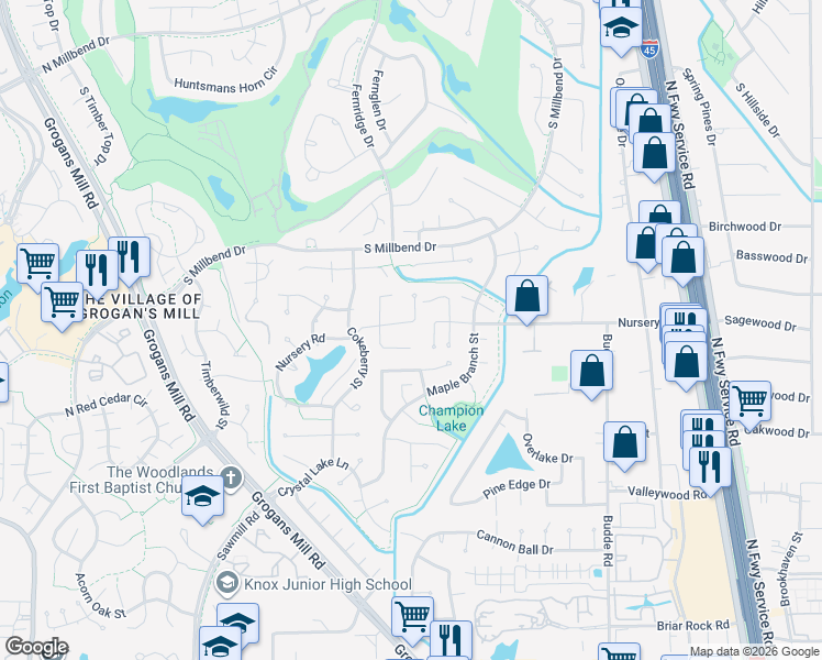 map of restaurants, bars, coffee shops, grocery stores, and more near 14 Honeycomb Ridge Place in Spring