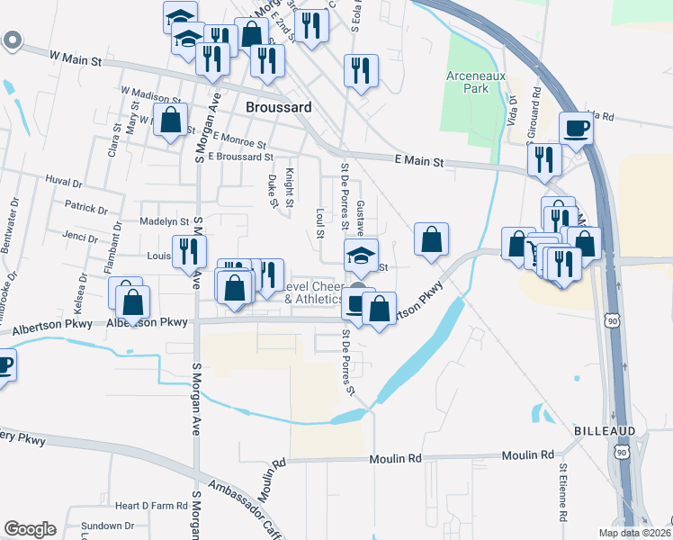 map of restaurants, bars, coffee shops, grocery stores, and more near 315-403 Loul Street in Broussard