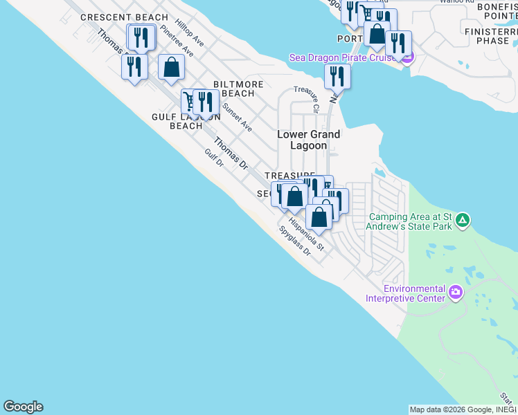 map of restaurants, bars, coffee shops, grocery stores, and more near 5116 Gulf Drive in Panama City Beach