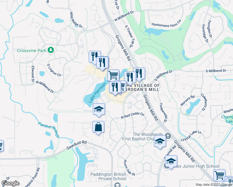 map of restaurants, bars, coffee shops, grocery stores, and more near in The Woodlands
