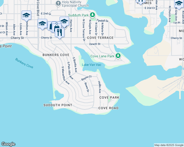 map of restaurants, bars, coffee shops, grocery stores, and more near 1315 Bayou Court in Panama City