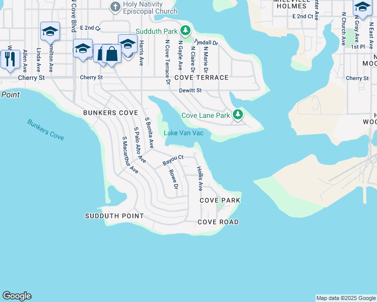map of restaurants, bars, coffee shops, grocery stores, and more near 1315 Bayou Ct in Panama City