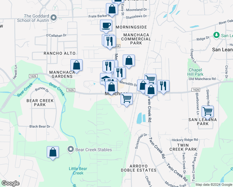 map of restaurants, bars, coffee shops, grocery stores, and more near 16096 Manchaca Road in Austin
