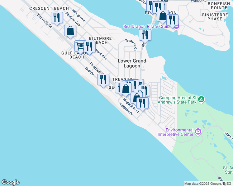 map of restaurants, bars, coffee shops, grocery stores, and more near 5016 Gulf Drive in Panama City Beach