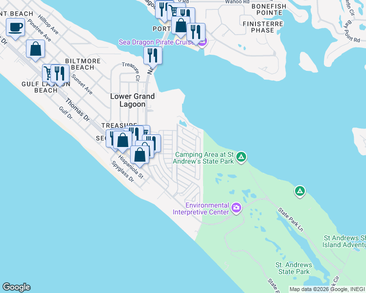 map of restaurants, bars, coffee shops, grocery stores, and more near 344 Amberjack Drive in Panama City Beach