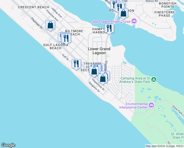 map of restaurants, bars, coffee shops, grocery stores, and more near 5019 Beach Drive in Panama City