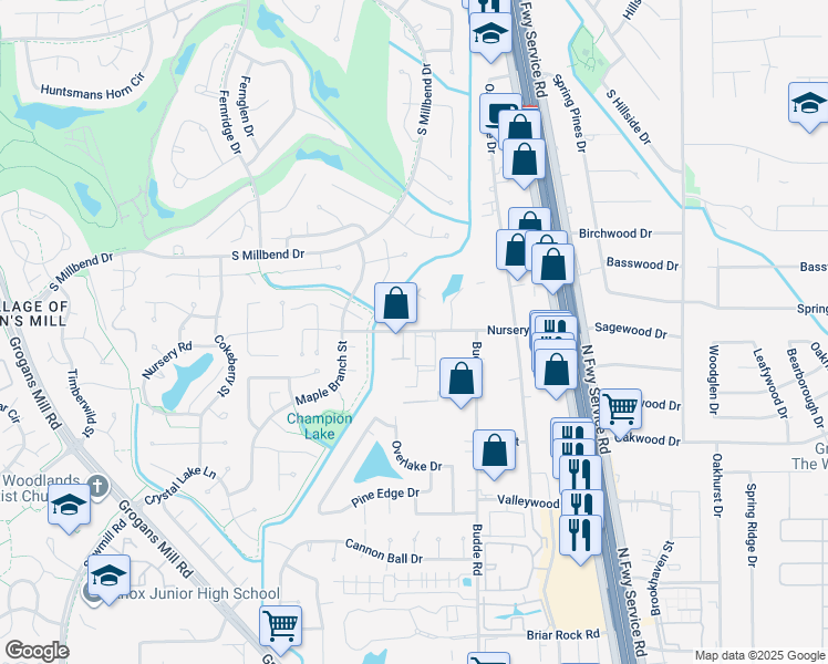 map of restaurants, bars, coffee shops, grocery stores, and more near 10 Jarvis Row Circle in The Woodlands