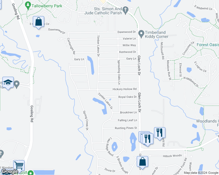 map of restaurants, bars, coffee shops, grocery stores, and more near 3422 Hickory Hollow Road in Spring