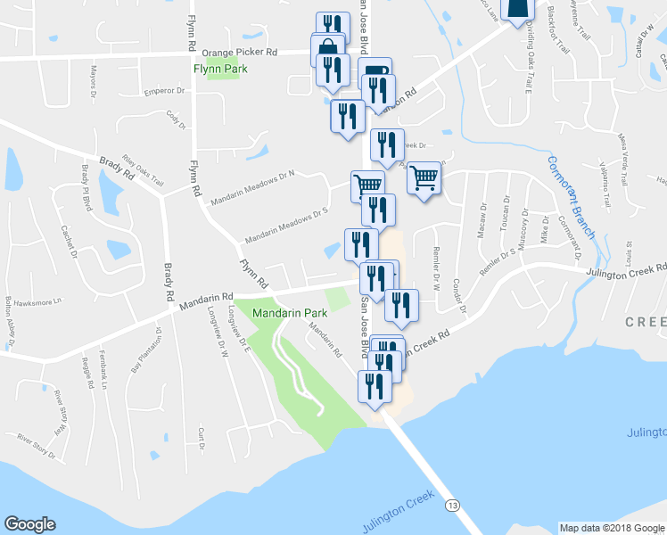 map of restaurants, bars, coffee shops, grocery stores, and more near 2895 Westberry Hideaway Court in Jacksonville