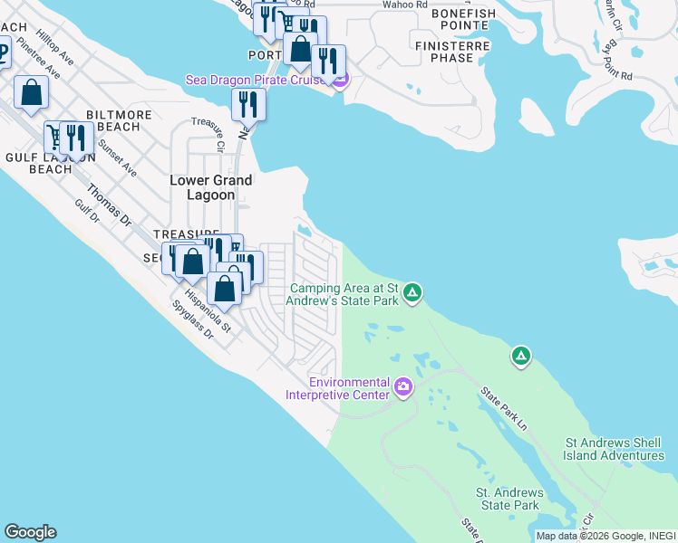 map of restaurants, bars, coffee shops, grocery stores, and more near 476 North Marlin Drive in Panama City Beach