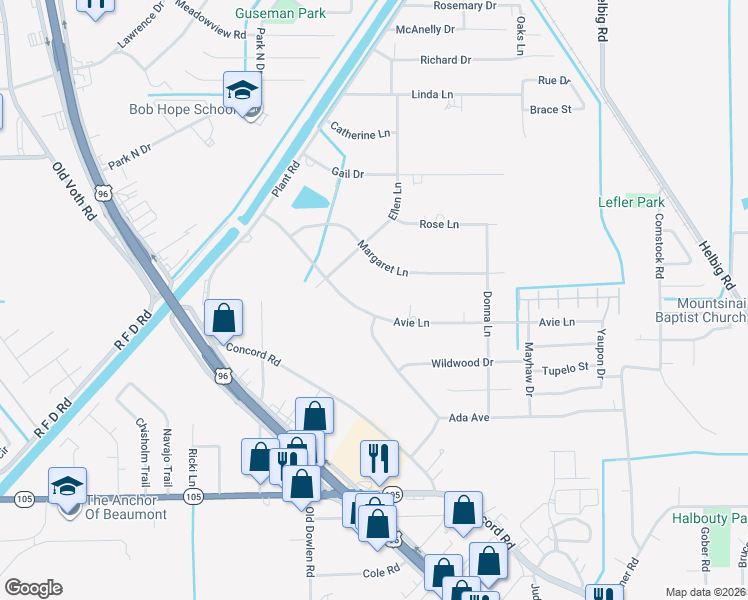 map of restaurants, bars, coffee shops, grocery stores, and more near 5590 Avie Lane in Beaumont
