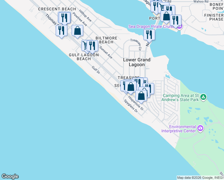 map of restaurants, bars, coffee shops, grocery stores, and more near 5131 Gulf Drive in Panama City
