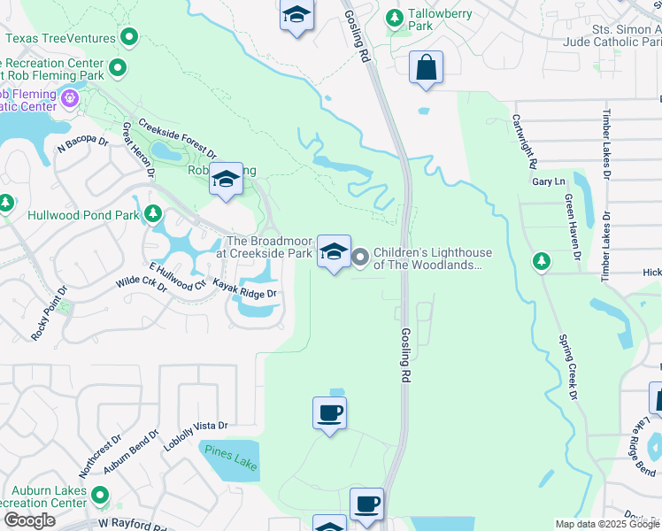 map of restaurants, bars, coffee shops, grocery stores, and more near 112 Creekside Forest Drive in Spring