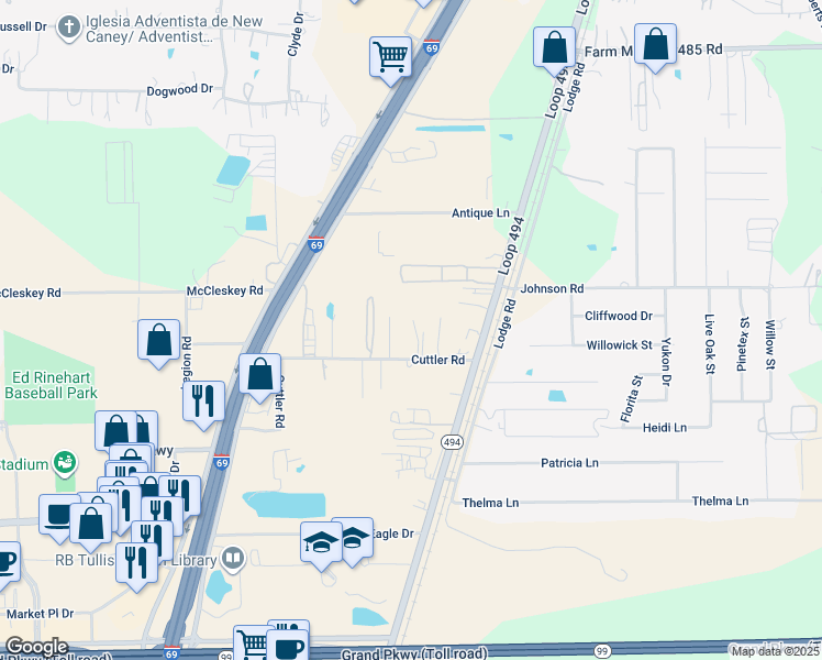 map of restaurants, bars, coffee shops, grocery stores, and more near 22845 Cuttler Road in New Caney