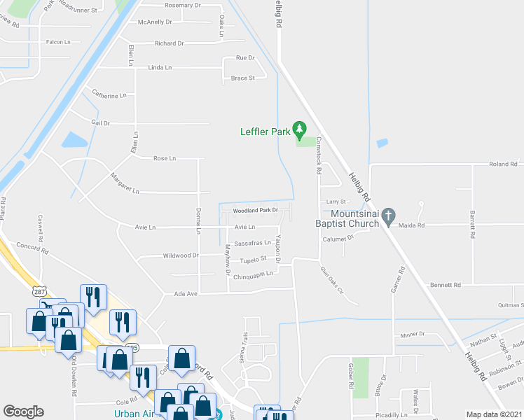 map of restaurants, bars, coffee shops, grocery stores, and more near Woodland Park Drive in Beaumont