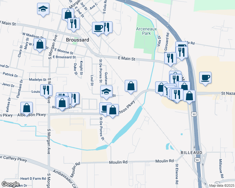 map of restaurants, bars, coffee shops, grocery stores, and more near 219 Leon Street in Broussard