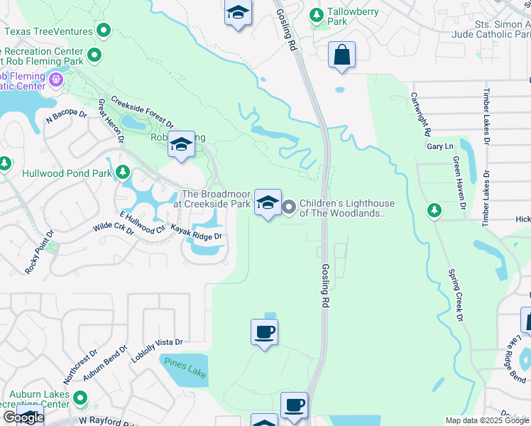 map of restaurants, bars, coffee shops, grocery stores, and more near 112 Creekside Forest Drive in Spring