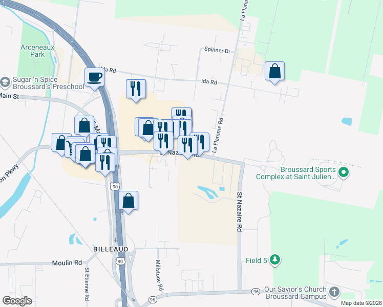 map of restaurants, bars, coffee shops, grocery stores, and more near 415 Saint Nazaire Road in Broussard