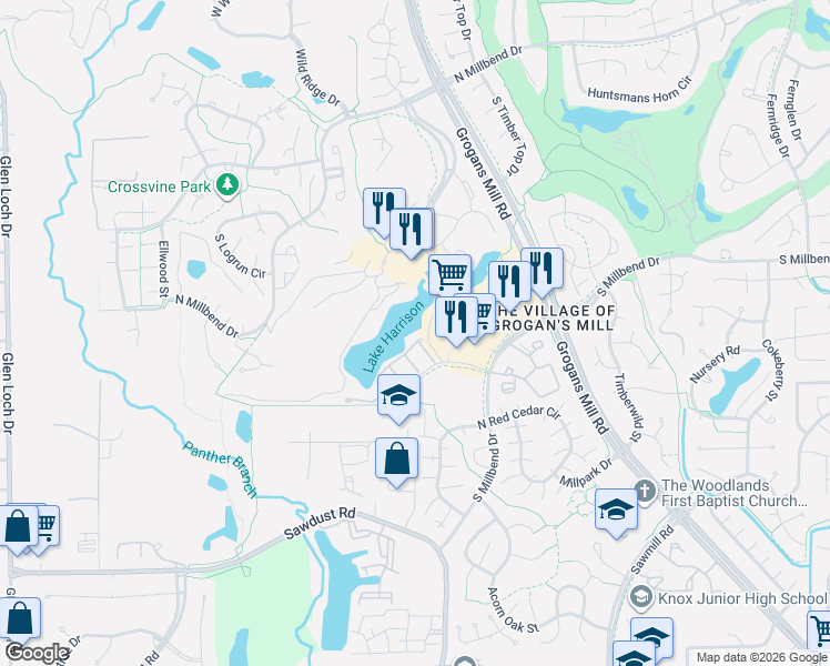 map of restaurants, bars, coffee shops, grocery stores, and more near 30 Lakeside Cove in The Woodlands