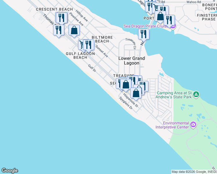 map of restaurants, bars, coffee shops, grocery stores, and more near 5115 Gulf Drive in Panama City Beach