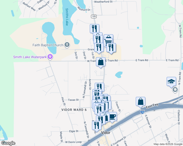 map of restaurants, bars, coffee shops, grocery stores, and more near 1265 Archie St in Vidor