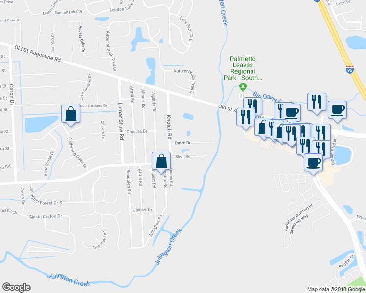 map of restaurants, bars, coffee shops, grocery stores, and more near 13364 Eynon Drive in Jacksonville