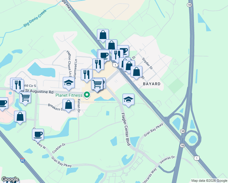 map of restaurants, bars, coffee shops, grocery stores, and more near 12585 Flagler Center Boulevard in Jacksonville