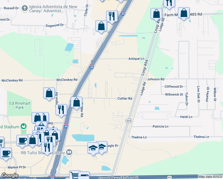 map of restaurants, bars, coffee shops, grocery stores, and more near 22845 Cuttler Road in New Caney