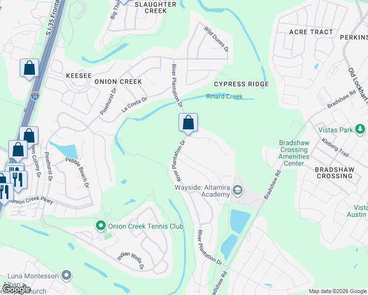 map of restaurants, bars, coffee shops, grocery stores, and more near 10701 River Plantation Drive in Austin