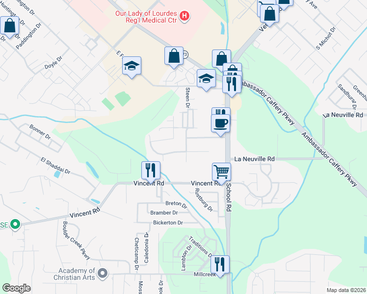 map of restaurants, bars, coffee shops, grocery stores, and more near 203 Summer Morning Court in Lafayette