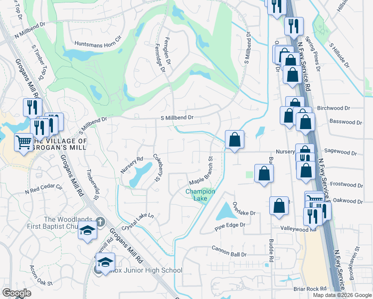 map of restaurants, bars, coffee shops, grocery stores, and more near 14 Honeycomb Ridge Place in Spring