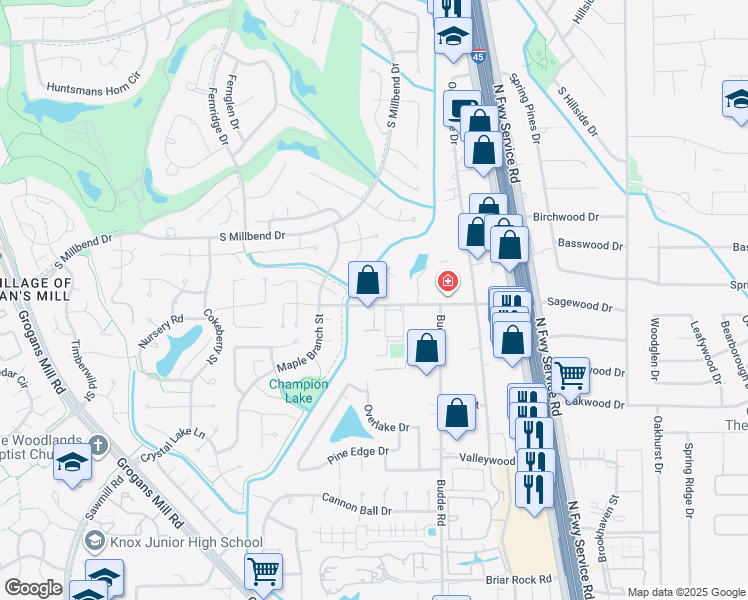map of restaurants, bars, coffee shops, grocery stores, and more near 10 Jarvis Row Circle in The Woodlands