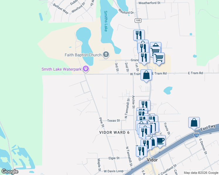 map of restaurants, bars, coffee shops, grocery stores, and more near 425 West Tram Road in Vidor