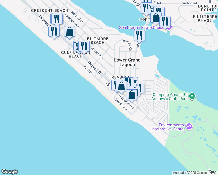map of restaurants, bars, coffee shops, grocery stores, and more near 5104 Gulf Drive in Panama City Beach