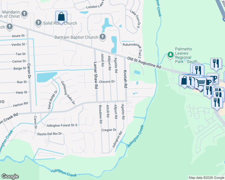 map of restaurants, bars, coffee shops, grocery stores, and more near 12585 Allport Rd in Jacksonville