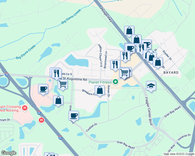 map of restaurants, bars, coffee shops, grocery stores, and more near 14592 Berringer Lane in Jacksonville