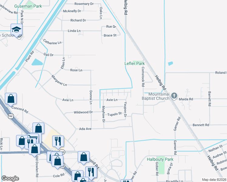 map of restaurants, bars, coffee shops, grocery stores, and more near 4870 Woodland Park Drive in Beaumont
