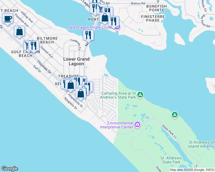 map of restaurants, bars, coffee shops, grocery stores, and more near 344 Amberjack Drive in Panama City Beach