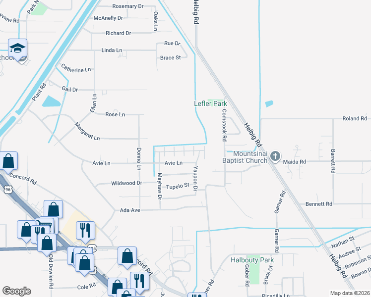 map of restaurants, bars, coffee shops, grocery stores, and more near 4870 Woodland Park Drive in Beaumont