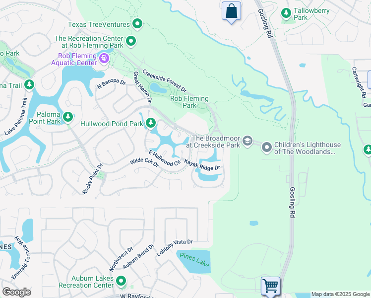 map of restaurants, bars, coffee shops, grocery stores, and more near 3 East Hullwood Circle in Spring