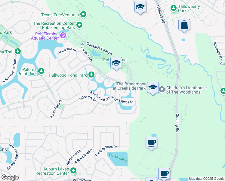 map of restaurants, bars, coffee shops, grocery stores, and more near 3 E Hullwood Cir in Spring