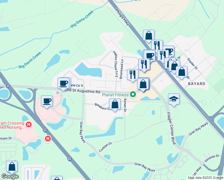 map of restaurants, bars, coffee shops, grocery stores, and more near 14592 Berringer Lane in Jacksonville
