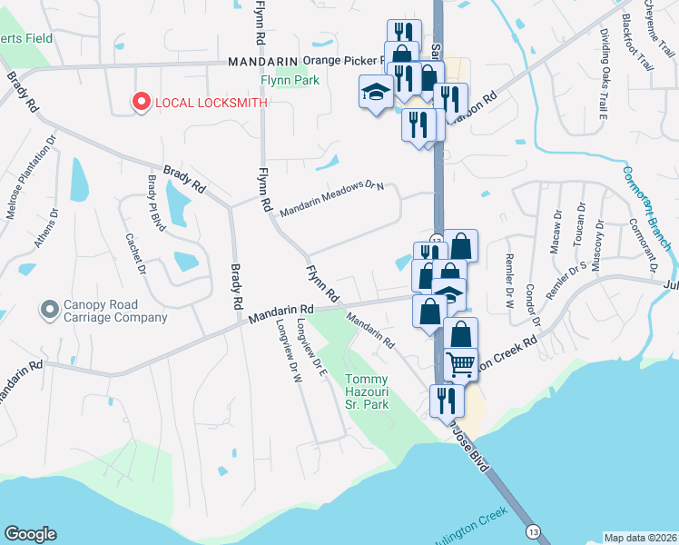 map of restaurants, bars, coffee shops, grocery stores, and more near 12507 Westberry Manor Drive in Jacksonville