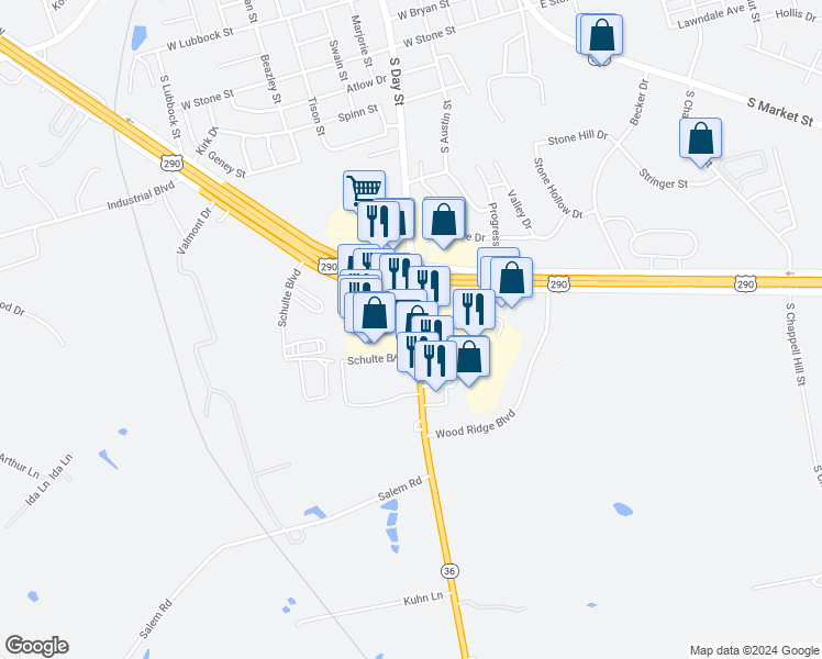 map of restaurants, bars, coffee shops, grocery stores, and more near 2628 Texas 36 in Brenham